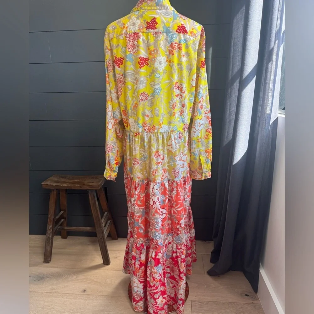 French Connection Yellow and Red Tiered Flowy Boho Floral Long Sleeve Maxi Dress - Picture 6 of 11